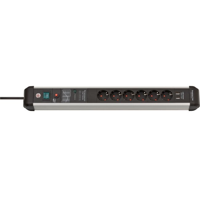 Brennenstuhl Premium-Protect-Line stekkerdoos met 6 contacten, 2x USB en overspanningsbeveiliging / zwart - 3 meter