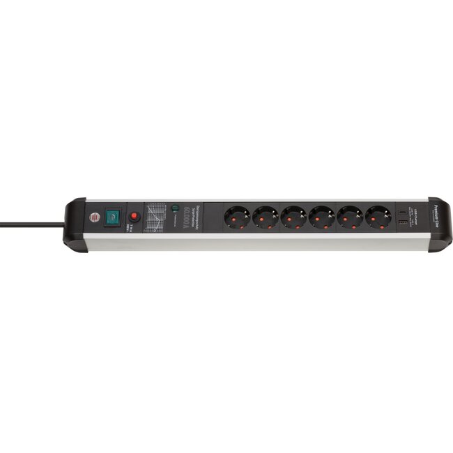Brennenstuhl Premium-Protect-Line stekkerdoos met 6 contacten, 2x USB (1x PD) en overspanningsbeveiliging / zwart - 3 meter