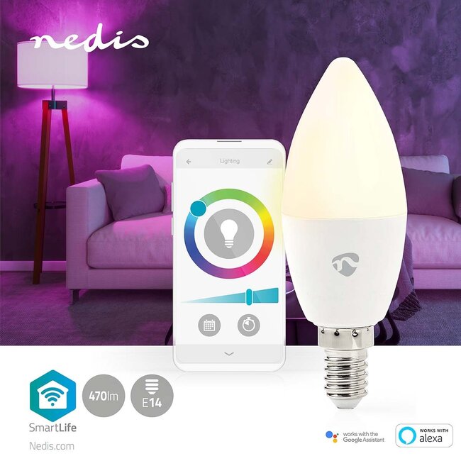 Nedis SmartLife Wi-Fi LED-lamp - E14 fitting / C37 vorm / full-color en warm-wit tot koud-wit