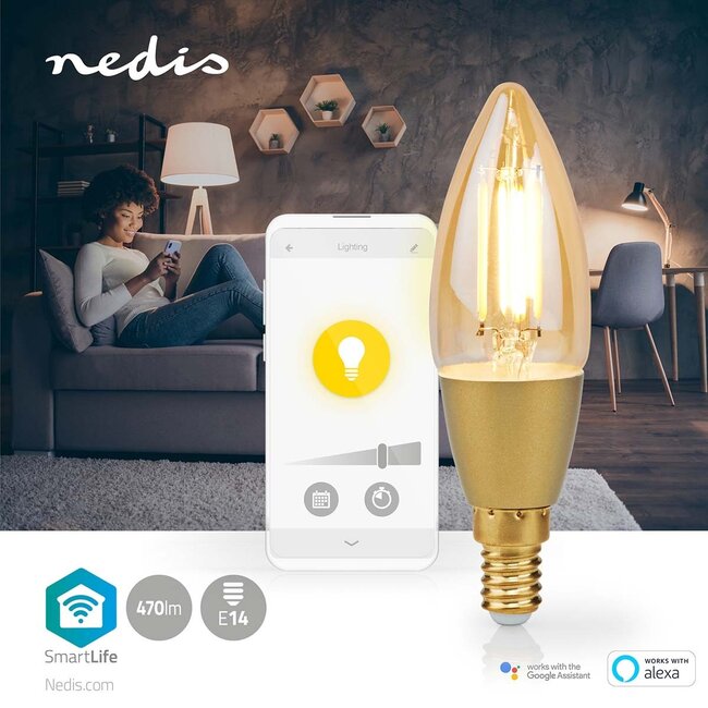 Nedis SmartLife Wi-Fi filament LED-lamp - E14 fitting - C37 vorm / warm-wit (goud / glas)