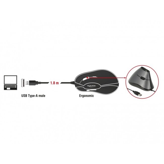 DeLOCK ergonomische bedrade USB muis met 5 knoppen - 1200 DPI / zwart/grijs - 1,6 meter