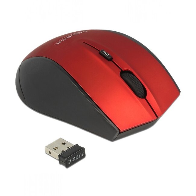 DeLOCK draadloze USB muis met 6 knoppen - 1000-1600 DPI / zwart/rood