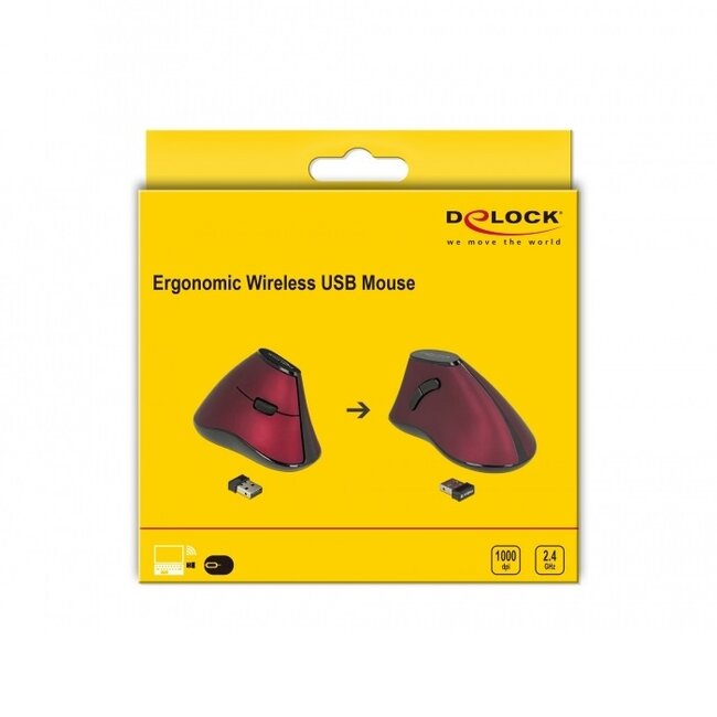 DeLOCK ergonomische draadloze USB muis met 5 knoppen - 1000 DPI / zwart/rood
