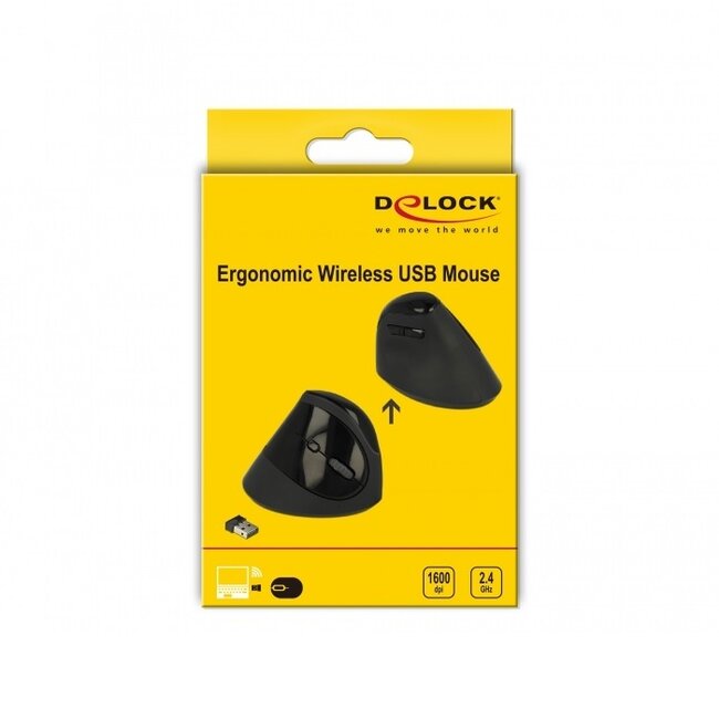DeLOCK ergonomische draadloze USB muis met 6 knoppen - 800-1600 DPI / zwart