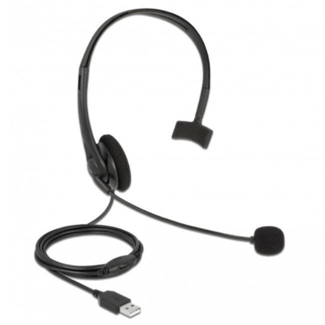 DeLOCK super lichtgewicht mono on-ear headset - USB-A / zwart - 2,4 meter