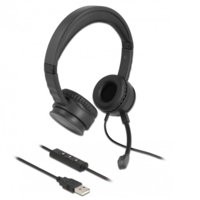 DeLOCK comfortabele stereo on-ear headset - USB-A / zwart - 1,5 meter