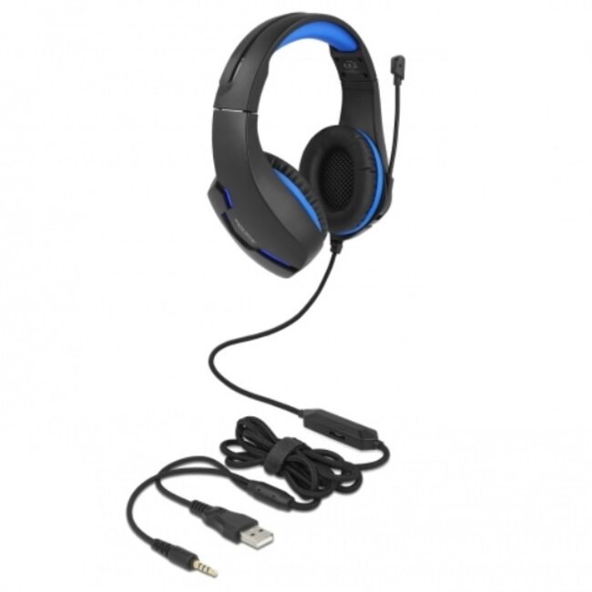 DeLOCK gaming stereo over-ear headset - 3,5mm Jack 4-polig (incl. adapter) / zwart/blauw - 2,1 meter