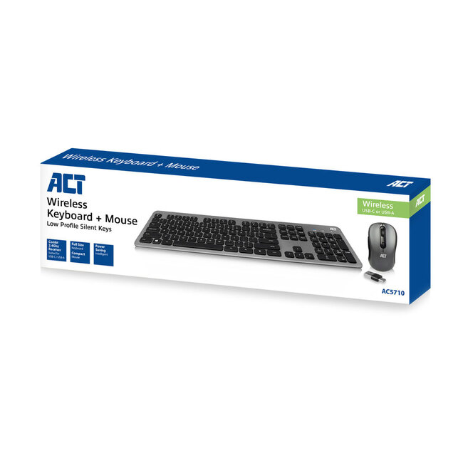 ACT draadloze slimline multimedia USB-A/USB-C toetsenbord en muis set - QWERTY (US) / grijs/zwart