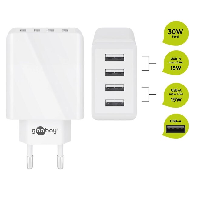 Goobay USB thuislader met 4 poorten - Smart IC - 6A / wit