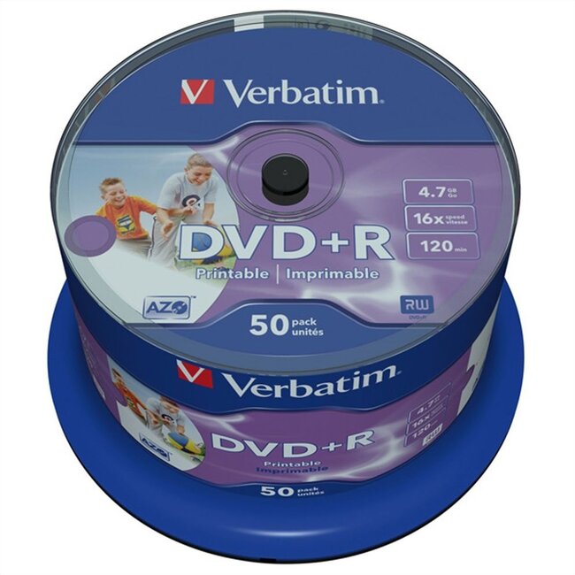 Verbatim DVD+R Wide Inkjet Printable discs op spindel - 16-speed - 4,7 GB / 50 stuks