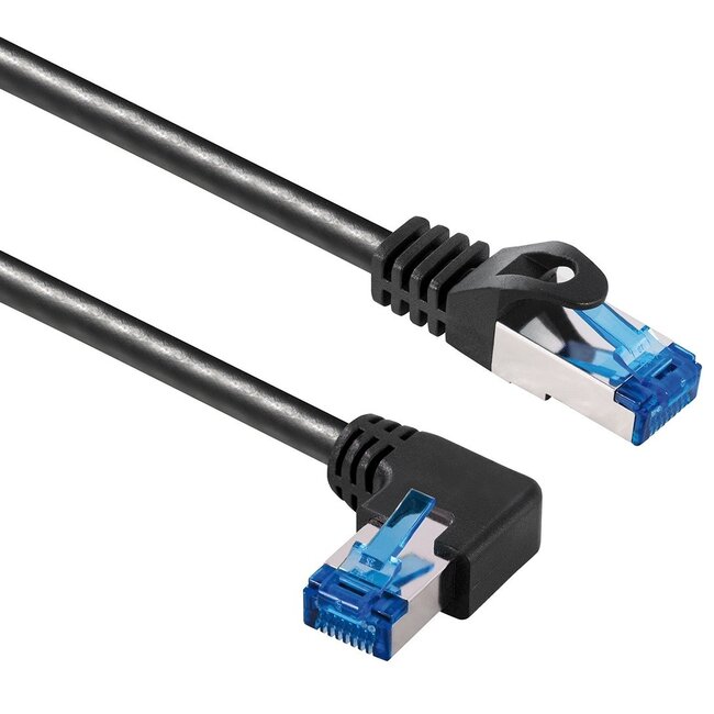 S/FTP CAT6a 10 Gigabit netwerkkabel haaks naar links / recht / zwart - LSZH - 1 meter