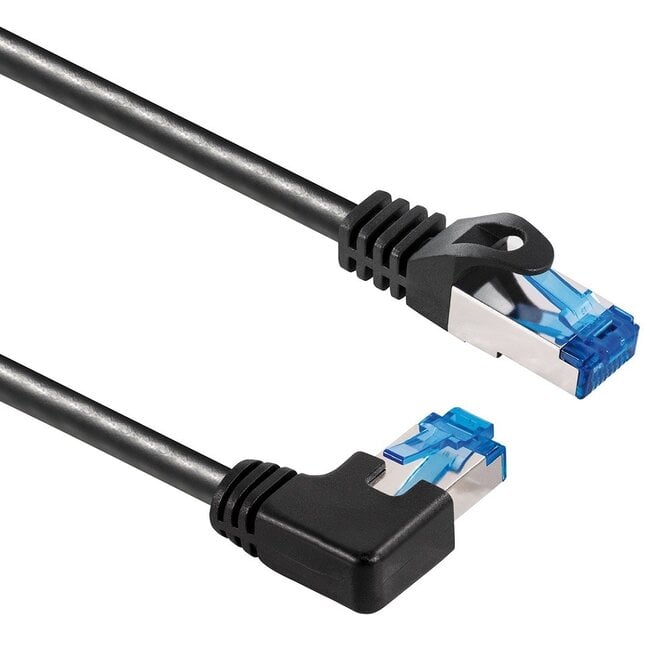 S/FTP CAT6a 10 Gigabit netwerkkabel haaks naar rechts / recht / zwart - LSZH - 0,50 meter