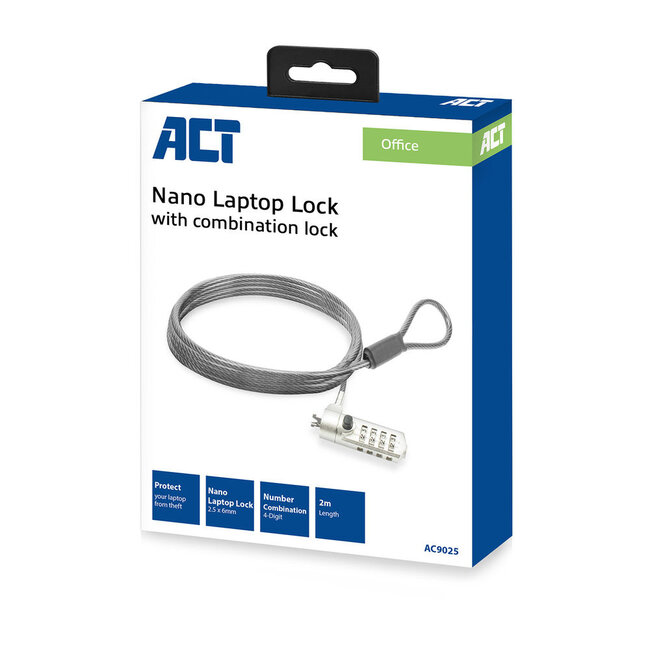 ACT notebookslot met cijfercode - Nano lock (2,5 x 6 mm) / zilver - 2 meter