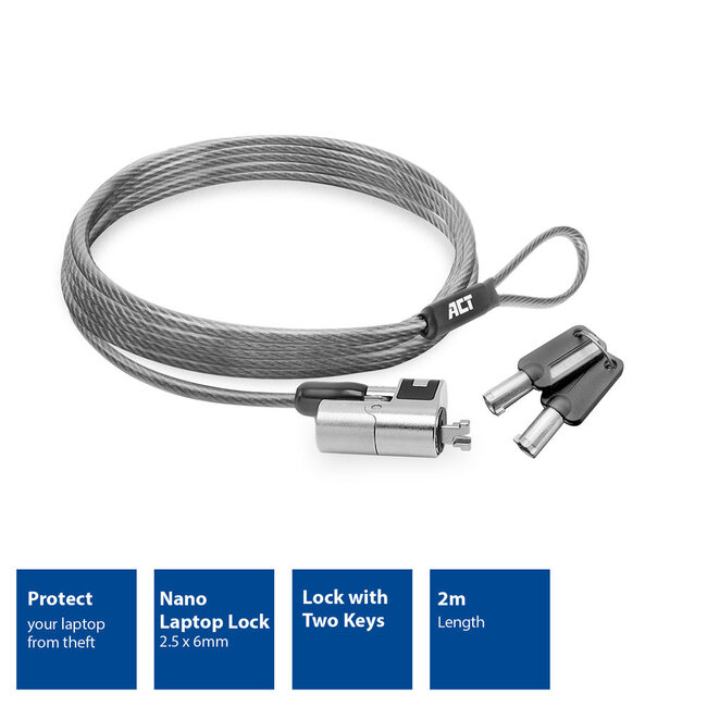 ACT notebookslot met sleutels - Nano lock (2,5 x 6 mm) / zilver - 2 meter