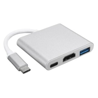 Cablexpert USB-C naar HDMI 4K 30Hz, USB-A en USB-C PD 60W adapter / zilver - 0,15 meter