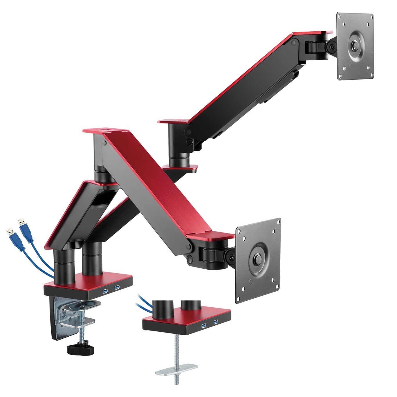 Bureaubeugel voor twee 17-35"schermen tot 6kg met Gasveer en 2x USB Zwart/Rood