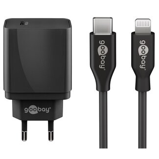 Goobay USB-C PD 25W thuislader met 1 poort en losse 8-pins Lightning - USB kabel / zwart - 1 meter