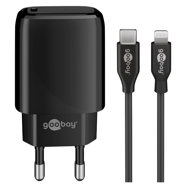 USB-C PD 20W thuislader met 1 poort en losse 8-pins Lightning - USB kabel / zwart - 1 meter