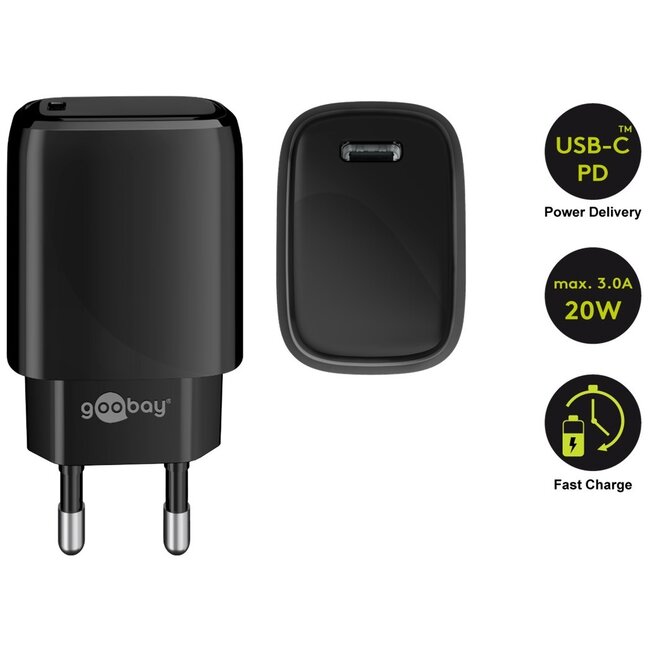 USB-C PD 20W thuislader met 1 poort en losse 8-pins Lightning - USB kabel / zwart - 1 meter