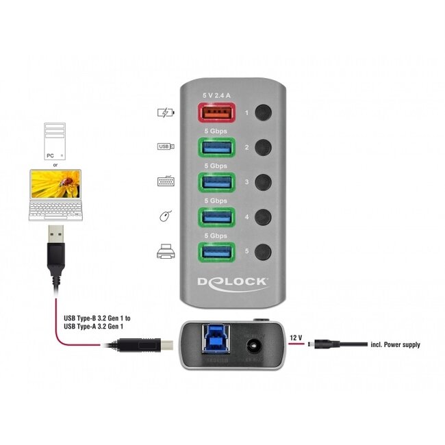 DeLOCK USB hub met 4+1 poorten en aan/uit schakelaars - USB3.0 - externe 12V voeding / grijs - 0,80 meter