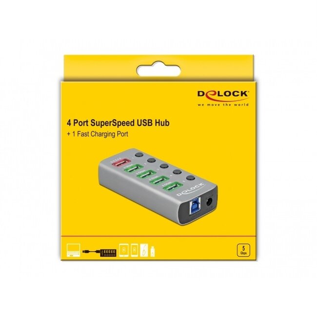 DeLOCK USB hub met 4+1 poorten en aan/uit schakelaars - USB3.0 - externe 12V voeding / grijs - 0,80 meter