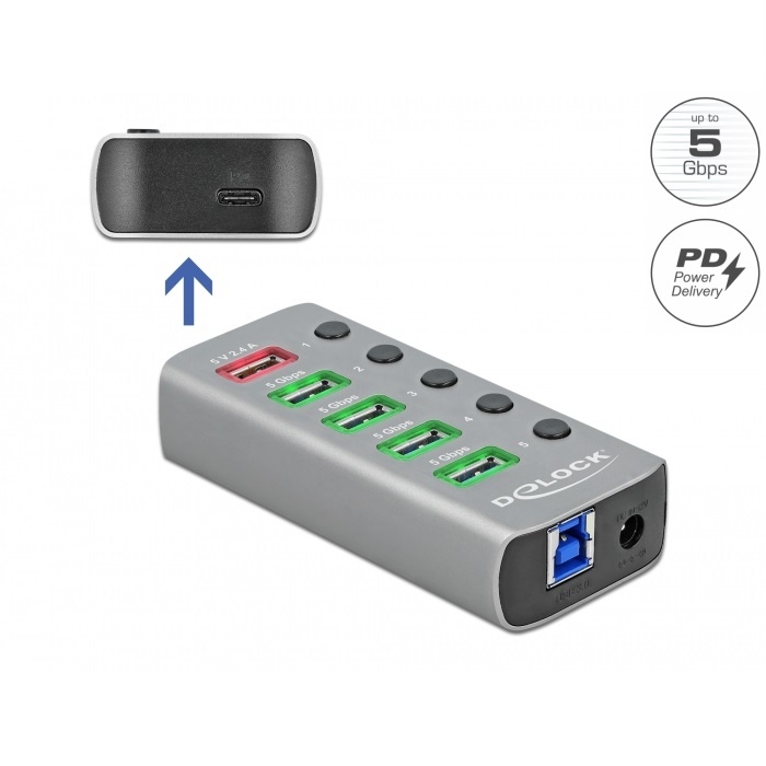 DeLOCK USB hub met 4+2 poorten en aan/uit schakelaars - USB3.0 / PD 27W - externe 12V voeding / grijs - 0,80 meter
