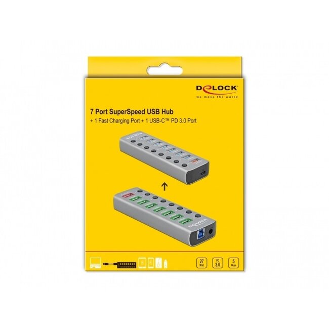 DeLOCK USB hub met 7+2 poorten en aan/uit schakelaars - USB3.0 / PD 27W - externe 12V voeding / grijs - 0,80 meter