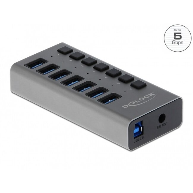 DeLOCK USB hub met 7 poorten en aan/uit schakelaars - USB3.0 - externe 12V voeding / grijs - 1 meter