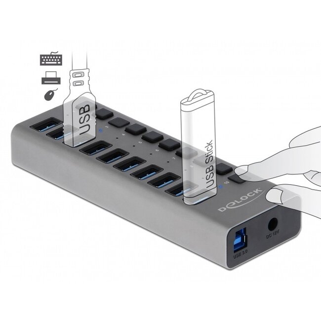 DeLOCK USB hub met 10 poorten en aan/uit schakelaars - USB3.0 - externe 12V voeding / grijs - 1 meter
