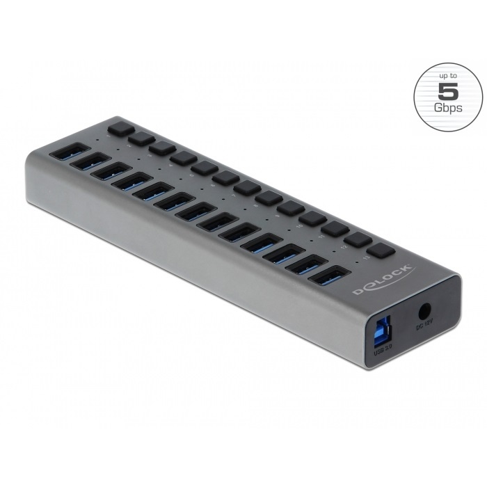 DeLOCK 63738. Hostinterface: USB 3.2 Gen 1 (3.1 Gen 1) Type-B, Hub-interfaces: USB 3.2 Gen 1 (3.1 Gen 1) Type-A. Overdrachtssnelheid: 5000 Mbit/s, Kleur van het product: Grijs, Mat