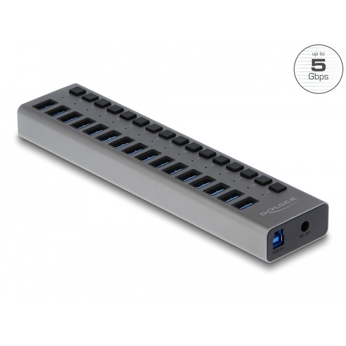 DeLOCK 63739. Hostinterface: USB 2.0 Type-B, Hub-interfaces: USB 3.2 Gen 1 (3.1 Gen 1) Type-A. Overdrachtssnelheid: 5000 Mbit/s, Kleur van het product: Grijs, Materiaal behuizing: