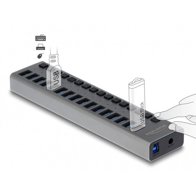 DeLOCK USB hub met 16 poorten en aan/uit schakelaars - USB3.0 - externe 12V voeding / grijs - 1 meter