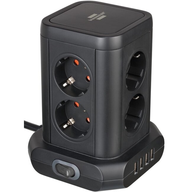 Brennenstuhl Socket Tower stekkerdoos met 8 contacten en 4x USB / zwart - 2 meter