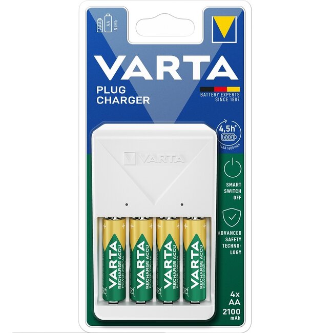 Varta Easy Plug Charger batterijenlader voor AA/AAA met 4x AA / 2100 mAh / wit