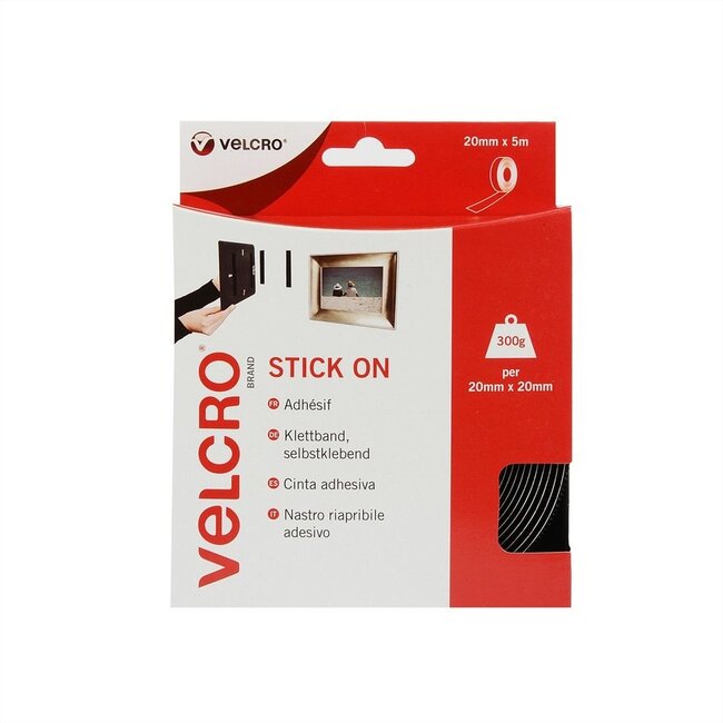 Velcro Stick On klittenband rol 2-delig (zelfklevend) 20mm / zwart (5 meter)