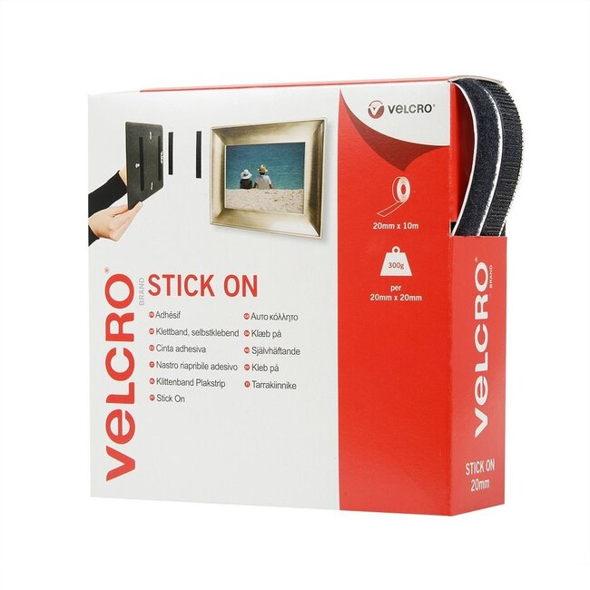 Velcro Stick On klittenband rol 2-delig (zelfklevend) 20mm / zwart (10 meter)