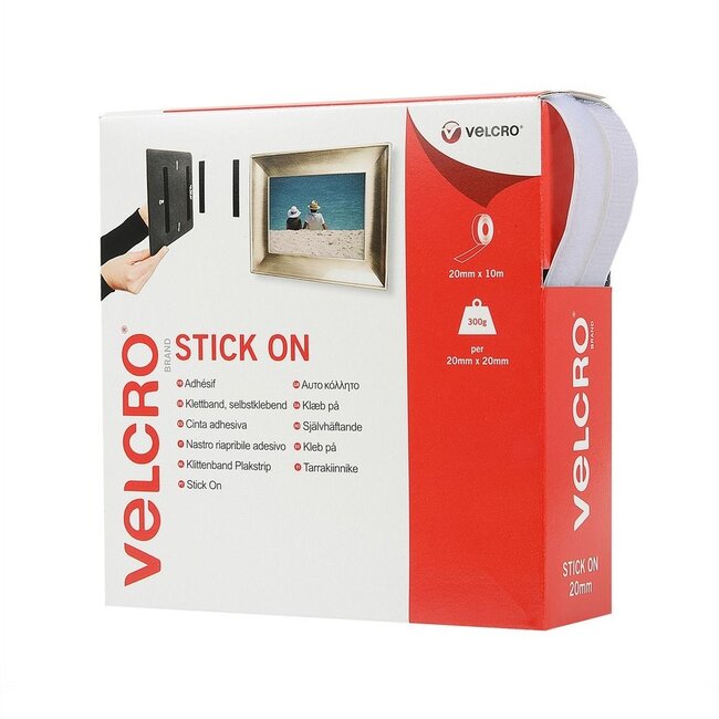 Velcro Stick On klittenband rol 2-delig (zelfklevend) 20mm / wit (10 meter)