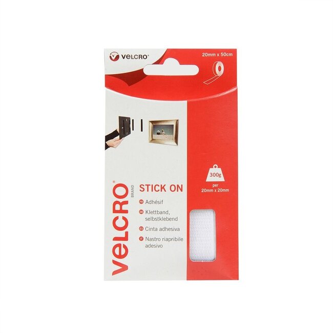 Velcro Stick On klittenband rol 2-delig (zelfklevend) 20mm / wit (0,50 meter)