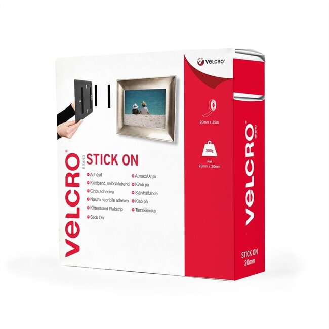 Velcro Stick On klittenband rol 2-delig (zelfklevend) 20mm / wit (25 meter)