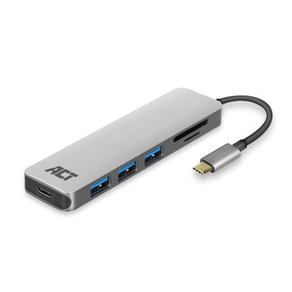 ACT ACT USB-C hub met 3x USB-A, 1x USB-C PD 60W poort en kaartlezer - USB3.0 / aluminium - 0,15 meter