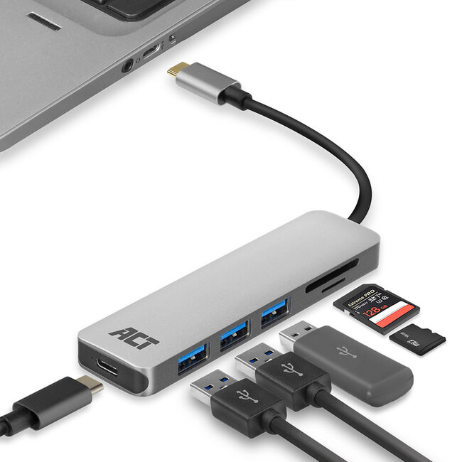ACT USB-C hub met 3x USB-A, 1x USB-C PD 60W poort en kaartlezer - USB3.0 / aluminium - 0,15 meter