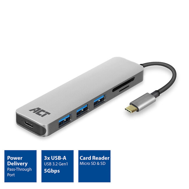 ACT USB-C hub met 3x USB-A, 1x USB-C PD 60W poort en kaartlezer - USB3.0 / aluminium - 0,15 meter