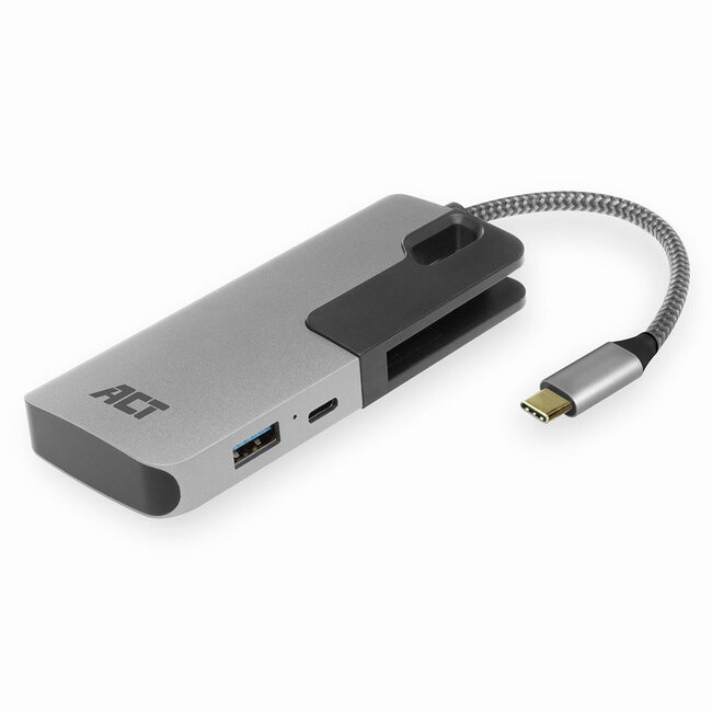 ACT USB-C hub met 3x USB-A, 1x USB-C PD 60W poort en kaartlezer - compact - USB3.0 / aluminium - 0,15 meter