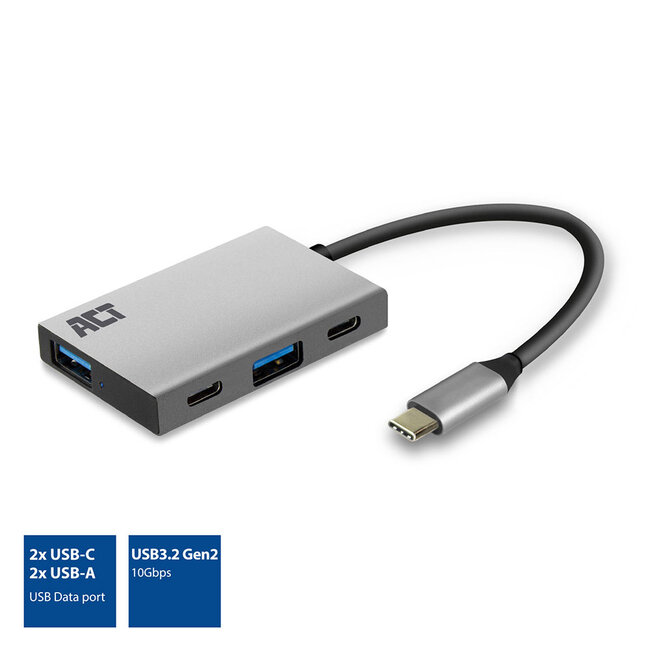 ACT USB-C hub met 2 USB-A en 2 USB-C poorten - busgevoed - USB3.2 (tot 10 Gbit/s) / aluminium - 0,15 meter
