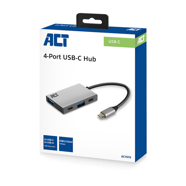 ACT USB-C hub met 2 USB-A en 2 USB-C poorten - busgevoed - USB3.2 (tot 10 Gbit/s) / aluminium - 0,15 meter