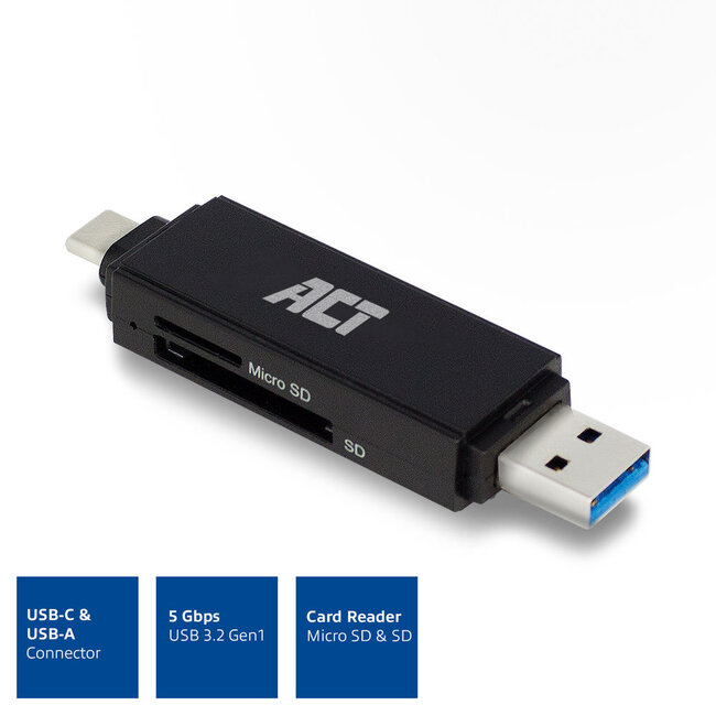 ACT USB Cardreader met USB-C/USB-A connector en 2 kaartsleuven - voor (Micro) SD/TF/MMC - USB3.0