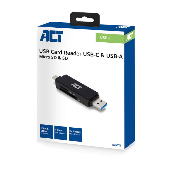 ACT USB Cardreader met USB-C/USB-A connector en 2 kaartsleuven - voor (Micro) SD/TF/MMC - USB3.0