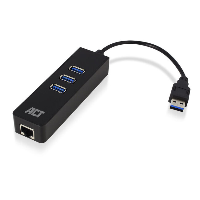 ACT USB naar RJ45 Gigabit LAN adapter met 3-poorts USB hub - USB3.0 - CAT6 / zwart - 0,15 meter