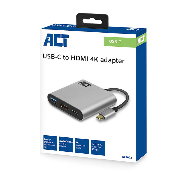 ACT USB-C naar HDMI 4K 30Hz, USB-A en USB-C PD 60W adapter / aluminium - 0,15 meter