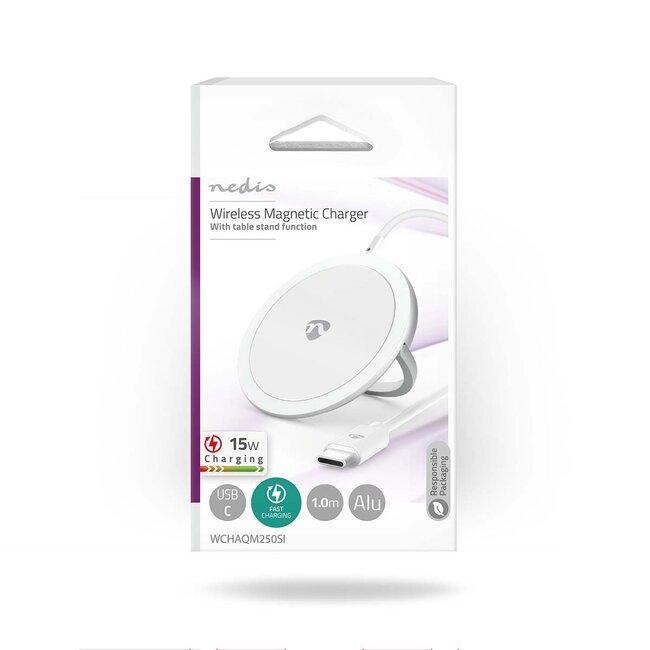 Nedis Fast Charging draadloze lader met Qi Wireless Charging technologie en standaard - 15W / aluminium - 1 meter
